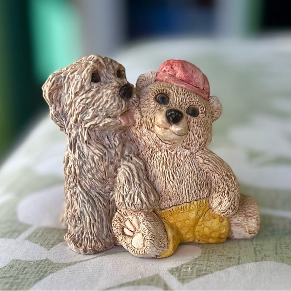 VTG Cute Rustic Shaggy Dog & Teddy Bear Cottagecore Mini Figurine Decor Accent - Picture 9 of 11